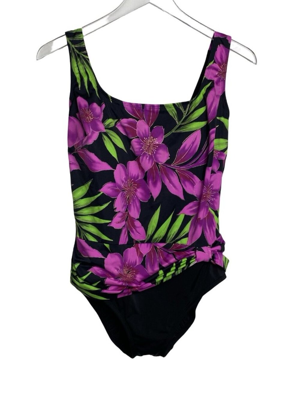 Longitude Size 14 One Piece Swimsuit Bathing Suit Purple Green Black Floral